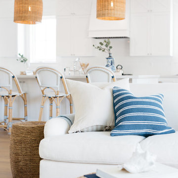 Basket Pendants Over Kitchen Island in Coastal Trad Home