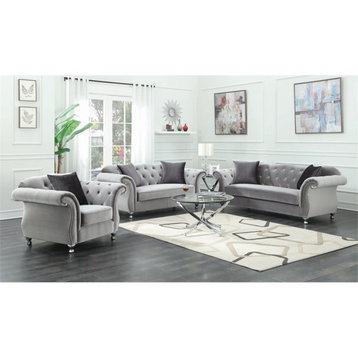 Coaster Contemporary Velvet Button Tufted Loveseat in Silver