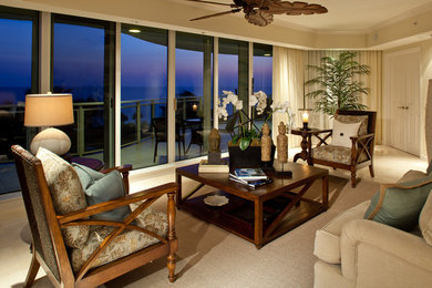 Example of a large transitional open concept carpeted living room design in Tampa with white walls, no fireplace and a wall-mounted tv