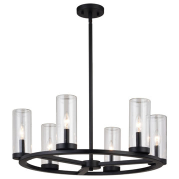 Grantley 6 Light Matte Black Wheel Chandelier Fixture Clear Glass LED Compatible