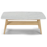 Contemporary Home Living - 43" White and Beige Rectangular Italian Carrara Marble Coffee Table with Shelf - Exhibiting a charming mix of modern and traditional elements, this rectangular coffee table is all you need to elevate the ambiance of your living or family room. It is built with a white marble top and a wooden frame in an oak finish and also includes a handy shelf at the bottom for easy storage. You use this space to store books, magazines, serving trays, and more.