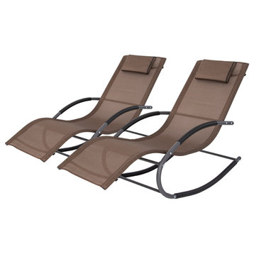 Patio Rocking Chair Curved Rocker Chaise Lounge Chair with Pillow (Set of 2), Brown