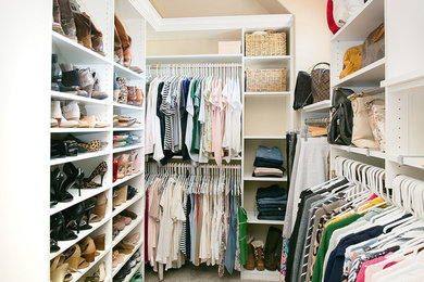 Example of a large transitional gender-neutral carpeted and beige floor walk-in closet design in Sacramento with open cabinets and white cabinets