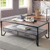 Industrial Coffee Table, Metal Frame With 2 Drawers & Glass Top, Gray/Black
