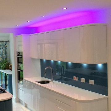 White/Blue High Gloss Handless German Kitchen - Bishops Stortford