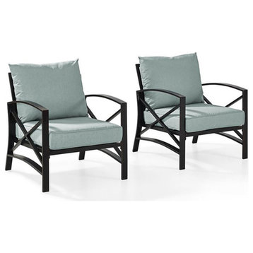 Crosley Furniture Kaplan Metal Patio Fabric Arm Chair in Mist Green (Set of 2)