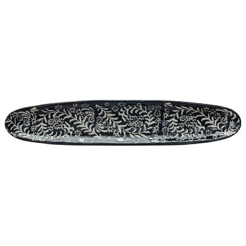 Stoneware Platter With Wax Relief Botanicals, Black