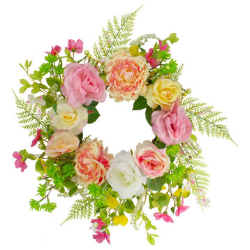 Rose and Peony Artificial Floral Spring Wreath, Pink and Yellow - 22-Inch