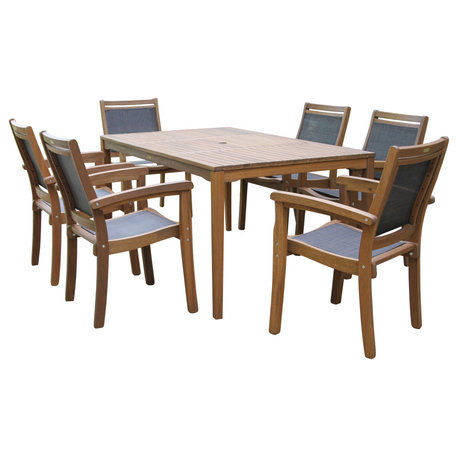 7-Piece Eucalyptus and Sling Stacking Armchair Rectangle Dining Set