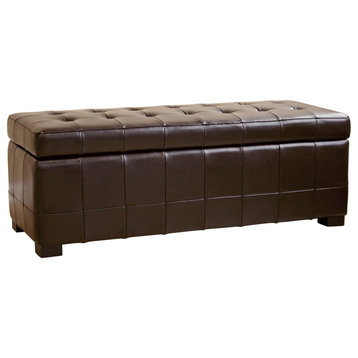 Dark Brown Full Leather Storage Bench Ottoman With Dimples