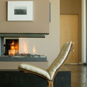 3 way gas fireplace heats the home in winter
