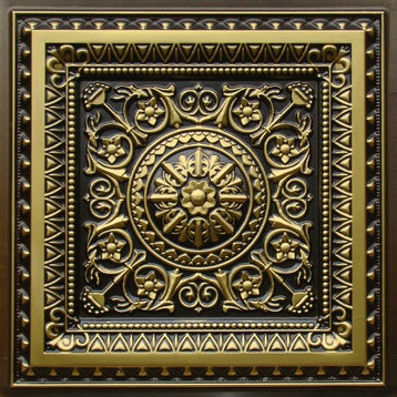 24"x24" D223 PVC Faux Tin Drop-in Ceiling Tiles Made of PVC, Set of 6, Antique Brass