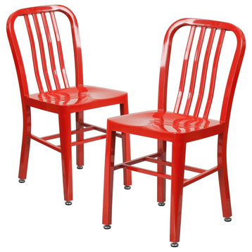 2 Pack Indoor Outdoor Dining Chair, Metal Seat With Slatted Back, Red