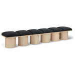 Meridian Furniture - Pavilion Black Boucle Fabric Bench, Black, Natural Finish, 93" W X 18" D X 17.5" H - Bring valuable seating and remarkable style to your space with this black Pavilion boucle fabric bench, an exquisite balance of style and usability for the entryway, bedroom, and beyond. Crafted from oak veneer with a natural finish, this bench has a 4-inch-thick seat cushion that's channel-tufted for a touch of luxury. The bench's columnar bases add a dash of art deco design, making it a captivating focal point in any room.