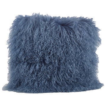 Mongolian Lamb Fur Design Down Filled Throw Pillow, 20" Square, Blue-Gray