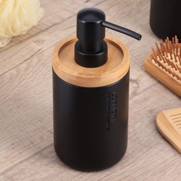 Sleek Matte Black Soap Dispenser With Natural Bamboo Detail Polyresin Hand Pump
