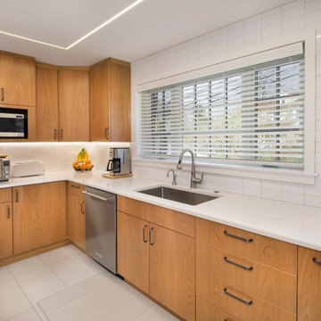 Modern Scandinavian Kitchen Remodel | Natural Wood Cabinets, White Quartz Isla