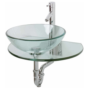 Clear Tempered Glass Vessel Sink Round Wall Mount Sink with Faucet and Drain