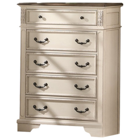 5 Drawers Two tone Wood Chest In Antique White Finish