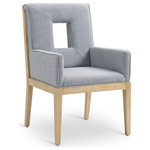 Meridian Furniture - Gwendolyn Upholstered Dining Arm Chair, Blue, Linen Textured, Natural Finish - A masterpiece of modern elegance and comfort, the Gwendolyn light blue linen textured fabric dining armchair is where modern design meets timeless charm. Designed with comfort in mind, it features a high back and luxurious cushioning, perfect for long dinners or lively gatherings. The natural oak wood frame adds a rustic touch, effortlessly balancing the contemporary fabric with a hint of warmth and tradition.