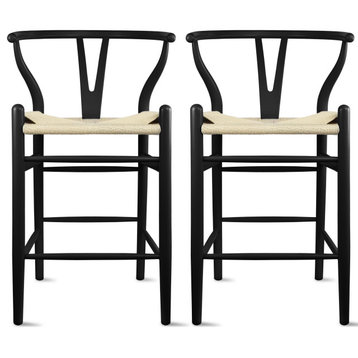Set of 2 Wishbone Wood Elbow Barstool with Y Back, Woven Beige Seat, Black