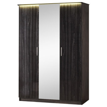 Roma LED Freestanding Wardrobe Cabinet Mirrored, Gloss Metallic Gray, 3 Door