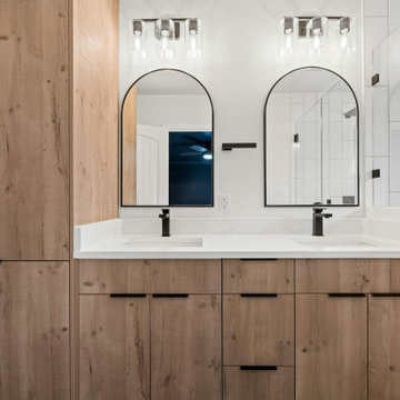 Primary Bath with Rustic Oak Flat Cabinets