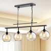 4-Light Antique Black Linear Kitchen Island Chandelier With Amber Glass Sconces