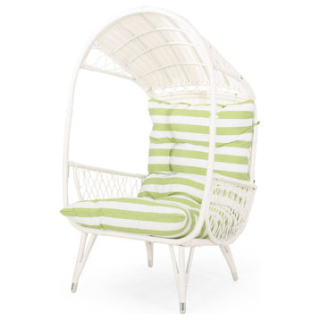 Doris Outdoor Wicker Standing Basket Chair With Cushion, White/Green