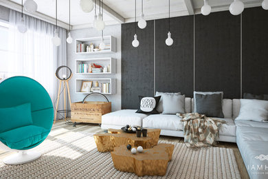Идея дизайна: двухуровневая гостиная комната среднего размера в стиле лофт с светлым паркетным полом и черными стенами