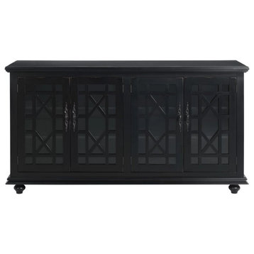 Classic TV Stand/Sideboard, Glass Panel Doors With Trellis Pattern, Antique Black