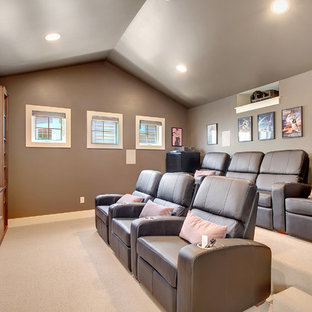 Example of a transitional beige floor home theater design in Seattle with brown walls