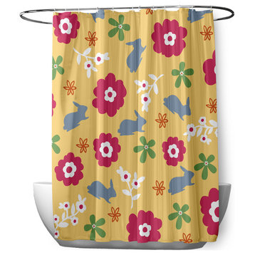 70"Wx73"L Flowery Love With Bunnies Shower Curtain, Daffodil Yellow-Blue