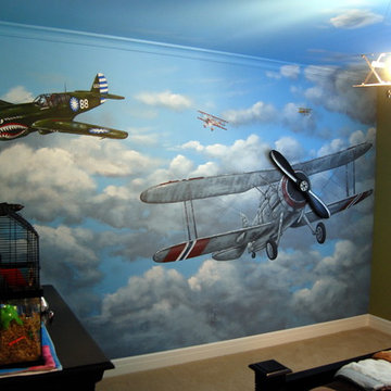 Aviation/Planes Themed Mural by Tom Taylor of Wow Effects, for a boy's bedroom.