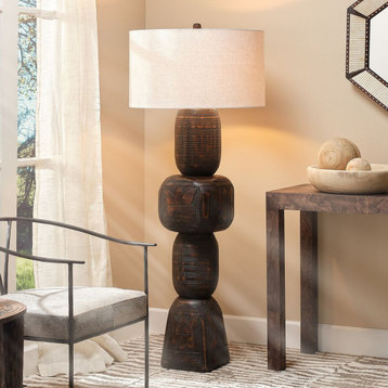 Luxe Black Brown Hand Carved Stacked Wood Shapes Floor Lamp 62 in Cairn Organic