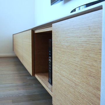 Media cabinet  - caesarstone wrapped counter and wood veneer