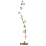 ET2 Lighting - Rover LED Floor Lamp - A gently curved, tapered rod finished in Metallic Gold is adorned with several Satin White glass balls and illuminated by integrated LED. The Rover collection is the interpretation of an organically formed brach with buds of white glass that is sure to add elegance to any room.