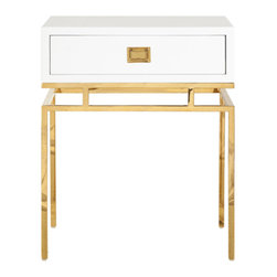 Worlds Away Cayson White & Brass Single Drawer Side Table - Kitchen Cabinetry