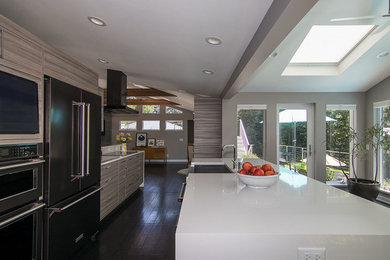 Mid-sized trendy single-wall painted wood floor and black floor eat-in kitchen photo in Milwaukee with a farmhouse sink, flat-panel cabinets, white backsplash, an island, white countertops, quartzite countertops and stainless steel appliances