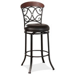 Hillsdale Furniture - Hillsdale Trevelian Metal Swivel Stool, Bar Height - Complement your scheme with stylish, convenient seating.  This metal bar height stool includes graceful scrollwork with an understated center oval opening. The wood top rail has a rich Cherry finish with contoured curves in keeping with the flow and movement of the metal seat back. Featuring four flat curved legs, the metal base is finished in a dark brown coffee with a circular brown-hued vinyl seat.  The padded 360° swivel seat and perfectly placed footrest offer supreme comfort. Ideal at your bar height dining table or bar area.  Assembly required.