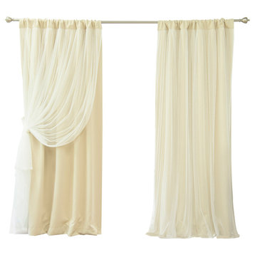 Rod Pocket Blackout Curtains With Tulle Overlay, Beige, 96"