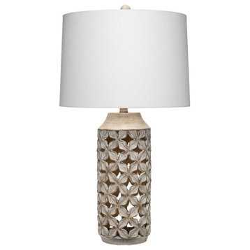 Open Diamond Lattice Cylinder Table Lamp 28 in White Washed Beige Clover Floral