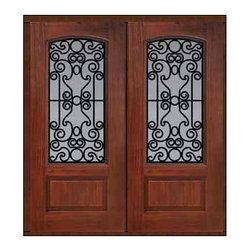 Prehung Double Door 80 Fiberglass Genoa 1 Panel Arch Lite GBG Glass - Front Doors