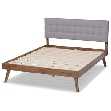 Retro Platform Bed, Rubberwood Frame & Button Tufted Polyester Headboard, Queen