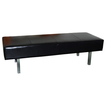 Ultra Contemporary, Black Genuine Leather Bench, Ottoman With Chrome Legs