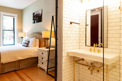 Mid-sized urban master white tile and subway tile marble floor, white floor and single-sink bathroom photo in Denver with open cabinets, white cabinets, a one-piece toilet, white walls, a console sink, quartz countertops, white countertops and a built-in vanity