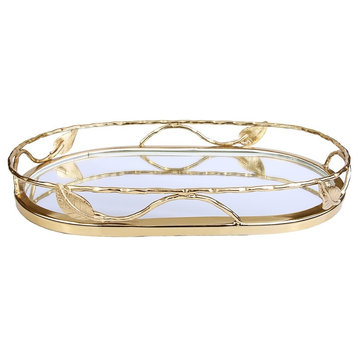 Classic Touch Oval Shaped Mirror Tray With Gold Leaf Design - 16"L