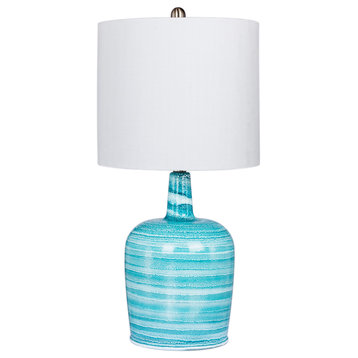 27" Bedrock Striped Jug Glass Table Lamp, Teal Blue & White Striped