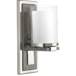 Progress Lighting - Mast 1 Light Wall Sconce, Brushed Nickel - Mast has a zen-like modernism that blends the warmth of a faux-finish wooden backplate with a clean, modern pediment supporting a double-glass diffuser. The combination of clear and etched glass recreates the appearance of a votive candleholder to enhance the calming influence of this distinctive style. Brushed Nickel finish.