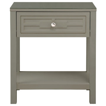 Dylan Wooden End Side Table Nightstand With Glass Top and Drawer, Taupe